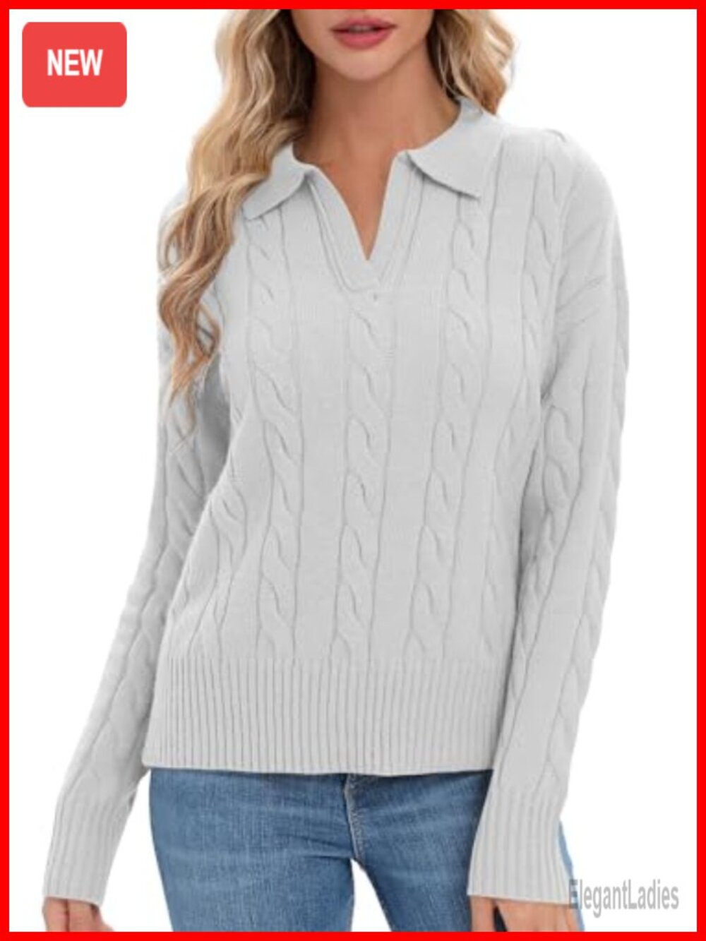 Women's Long Sleeve V-Neck Cable Knit Pullover Sweater Oversized Casual